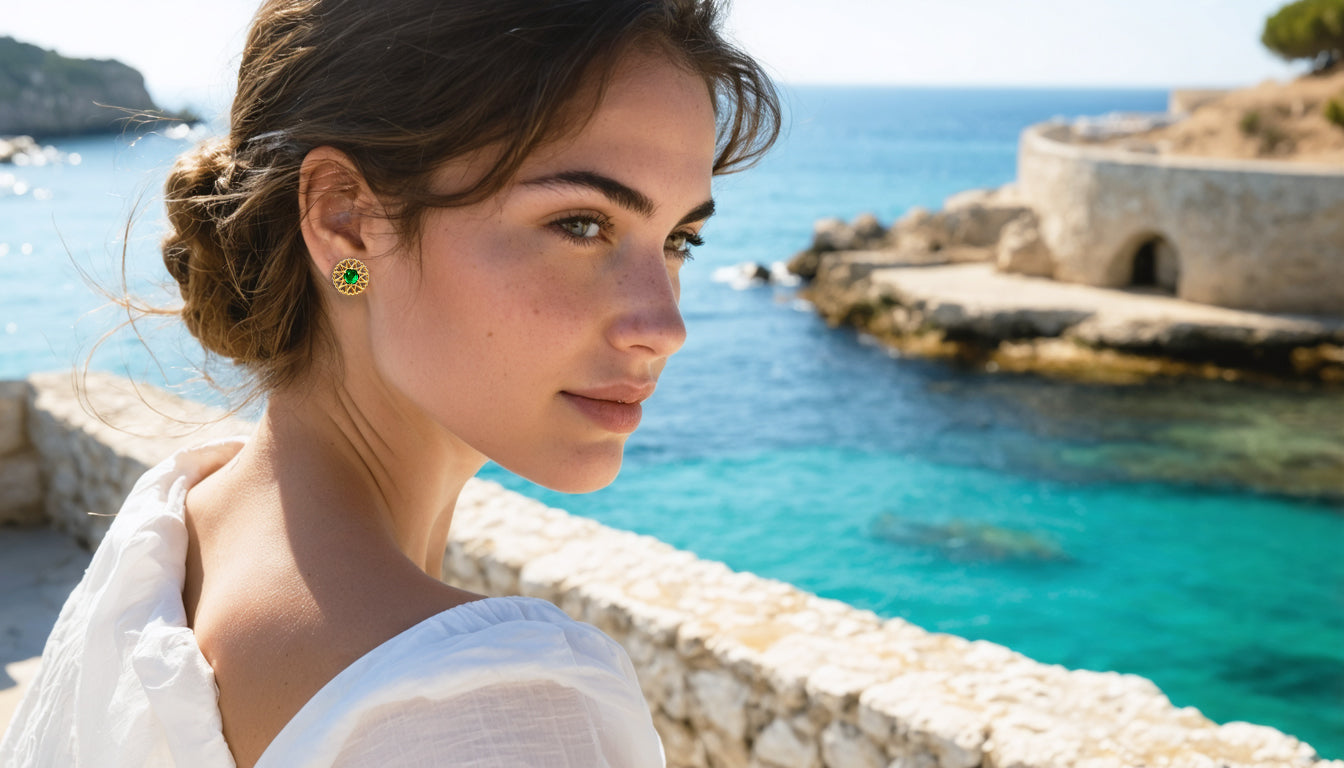Woman with golden earrings and green stone standing by a scenic Mediterranean coast