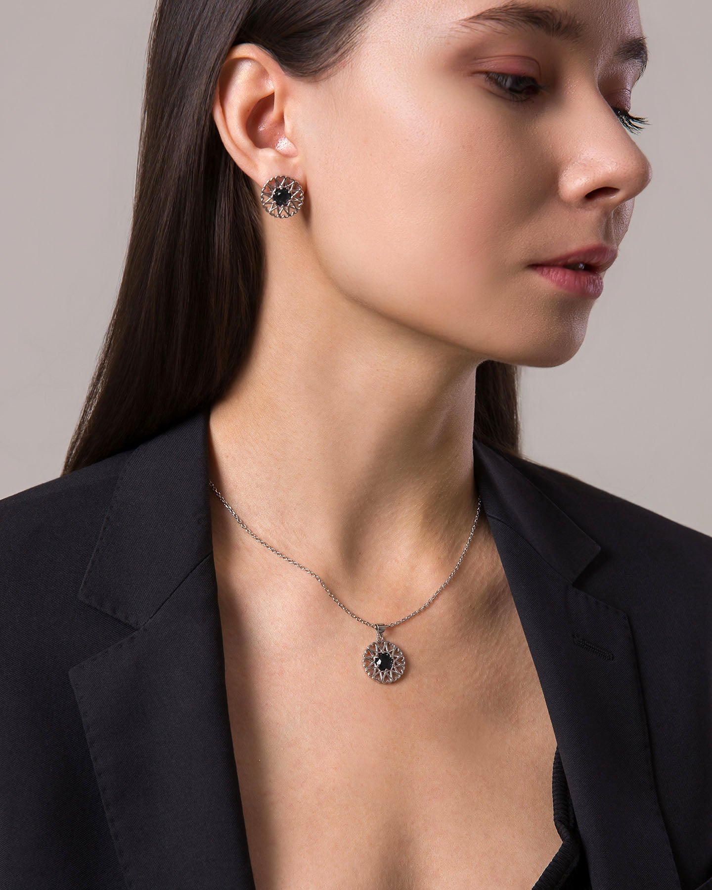 amoare twelve heart silver jewellery set of small pendant and earrings with onyx color cubic zirconia