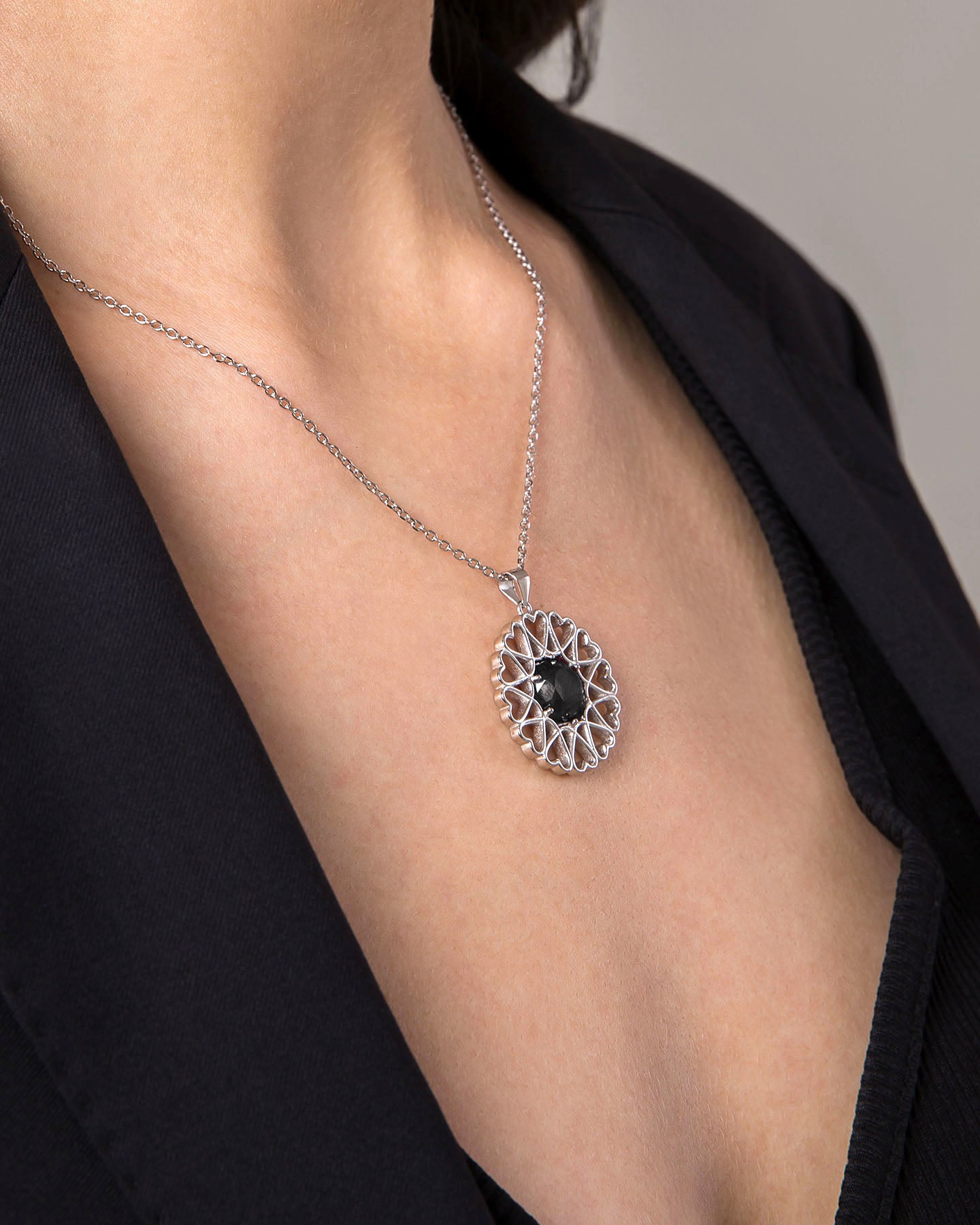 amoare twelve heart large silver pendant with onyx color cubic zirconia