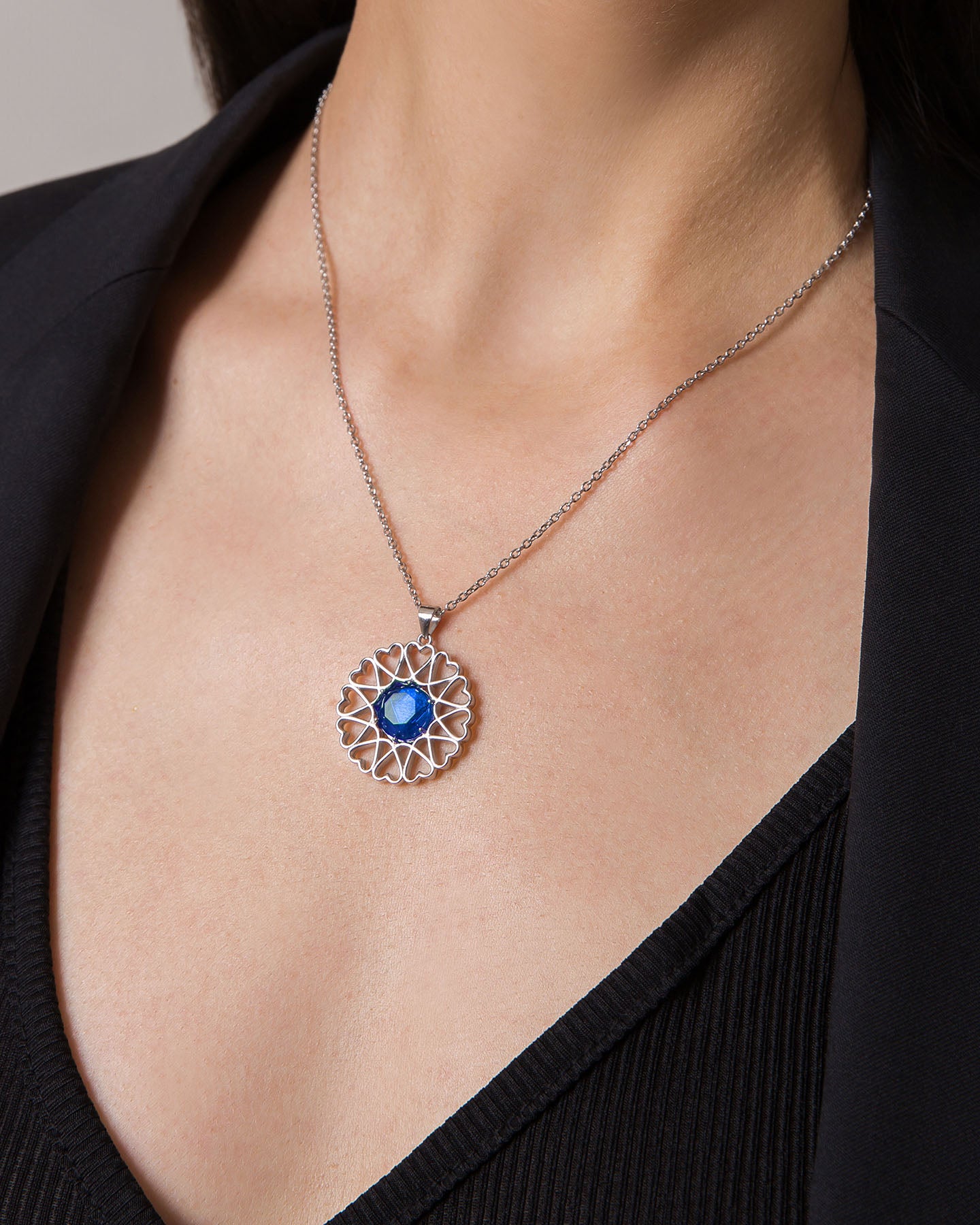 amoare twelve heart large silver pendant with sapphire color cubic zirconia