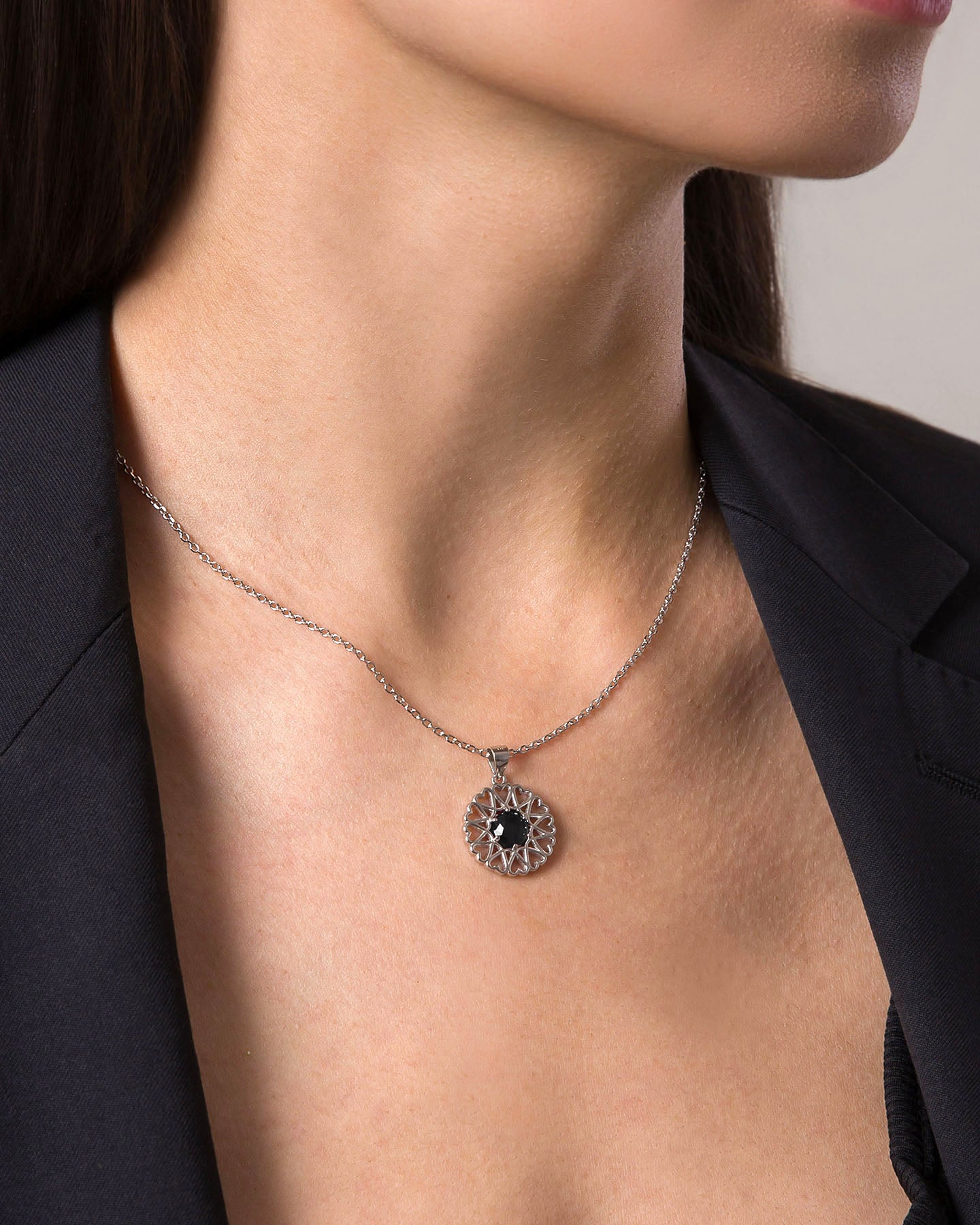 amoare twelve heart small silver pendant with onyx color cubic zirconia