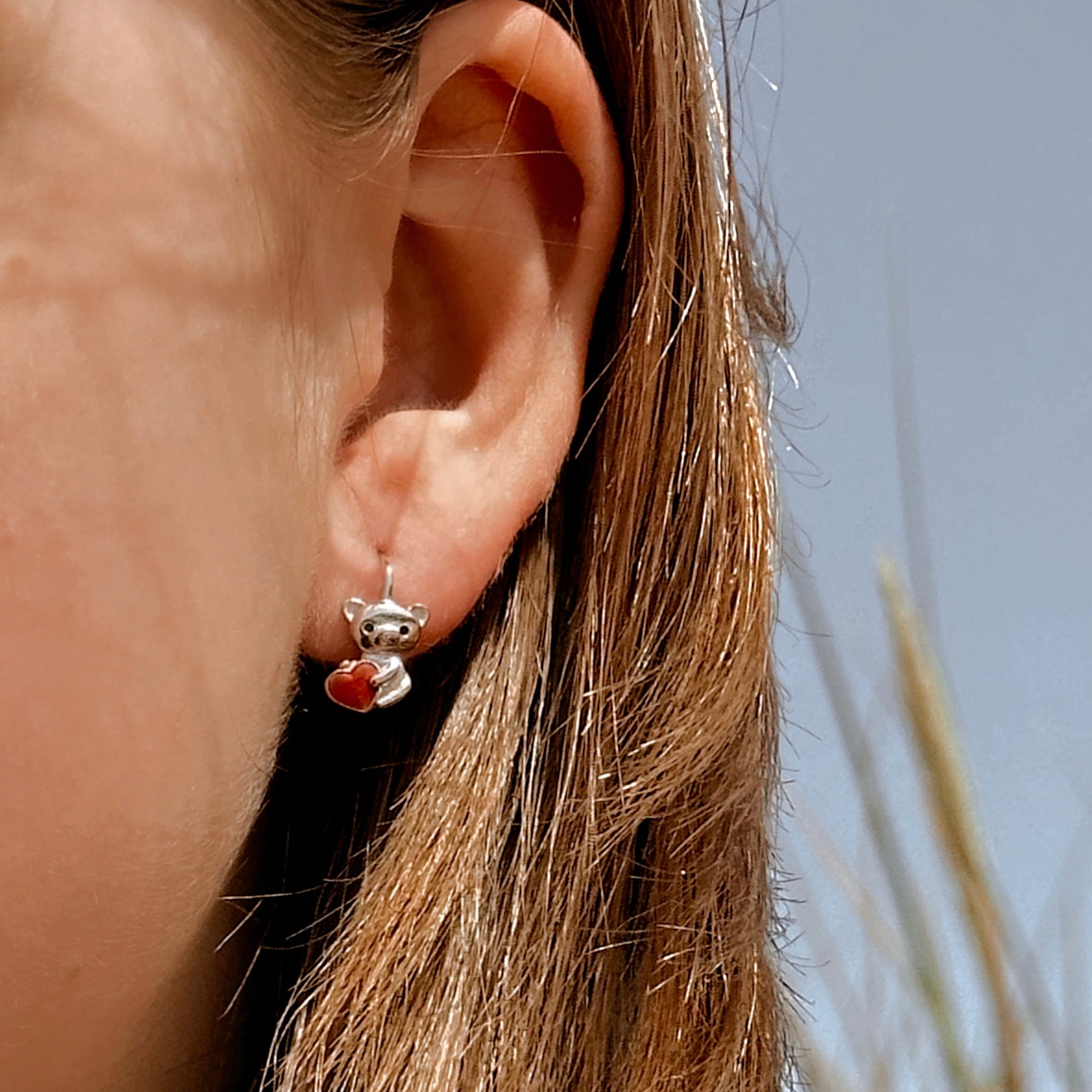 "Red Heart Panda" Earrings in Sterling Silver with a French Clip