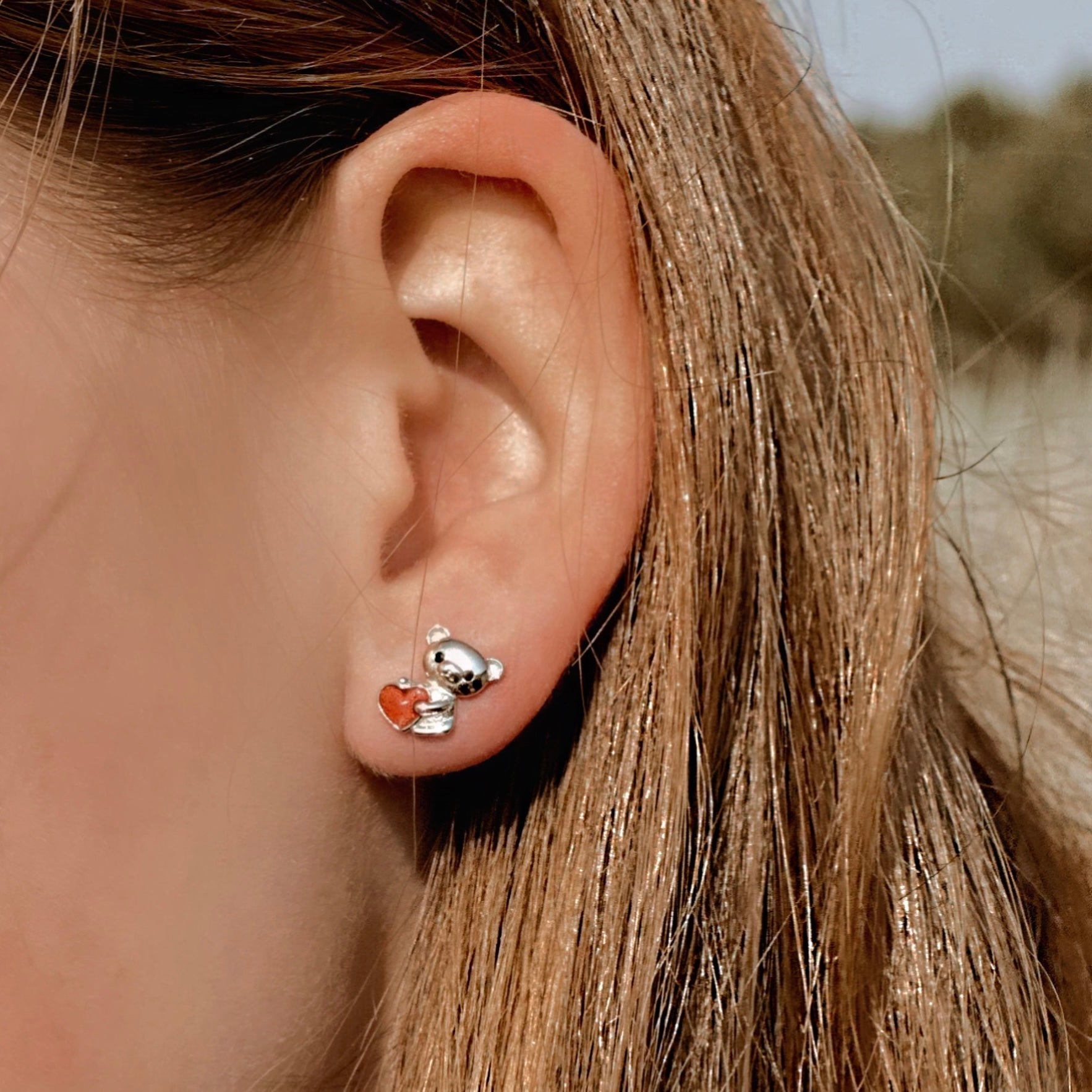 "Red Heart Panda" Earrings in Sterling Silver