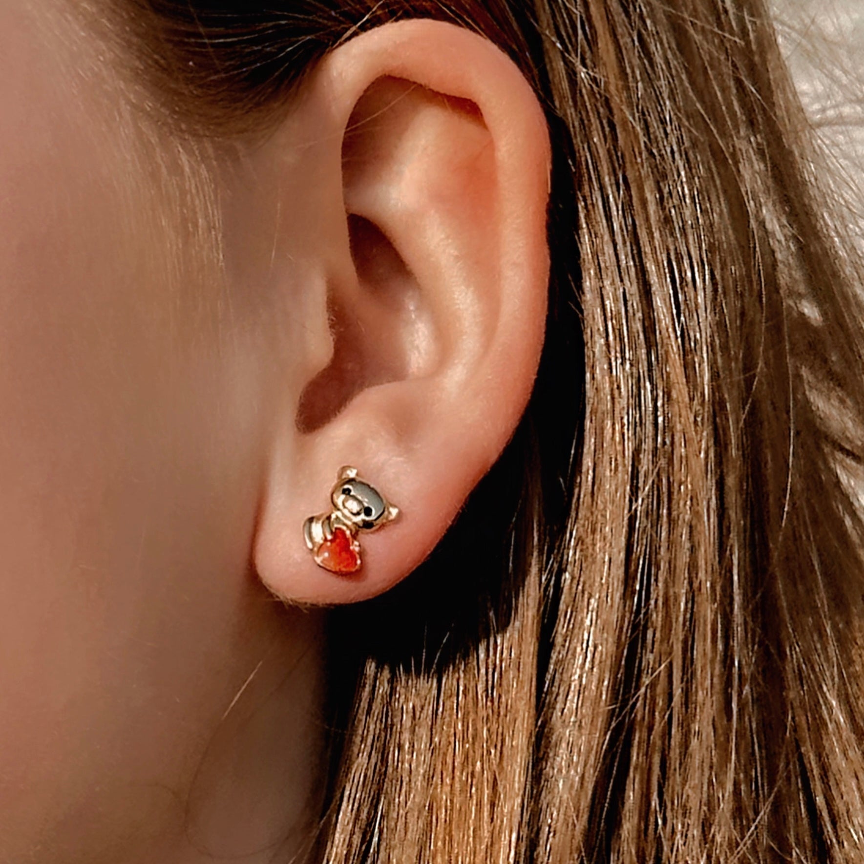 "Red Heart Panda" Earrings in Gold Vermeil