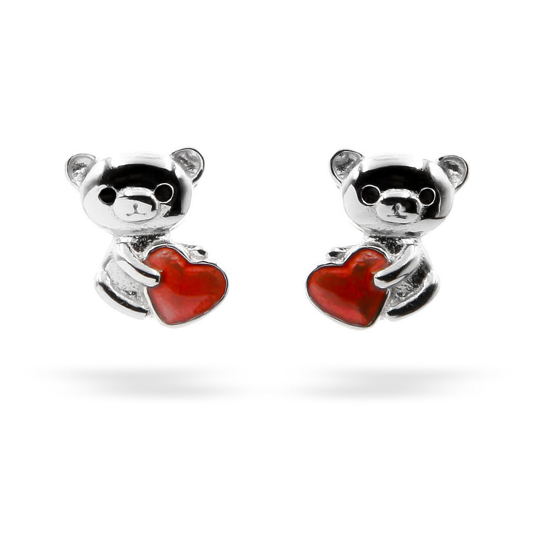 "Red Heart Panda" Earrings in Sterling Silver