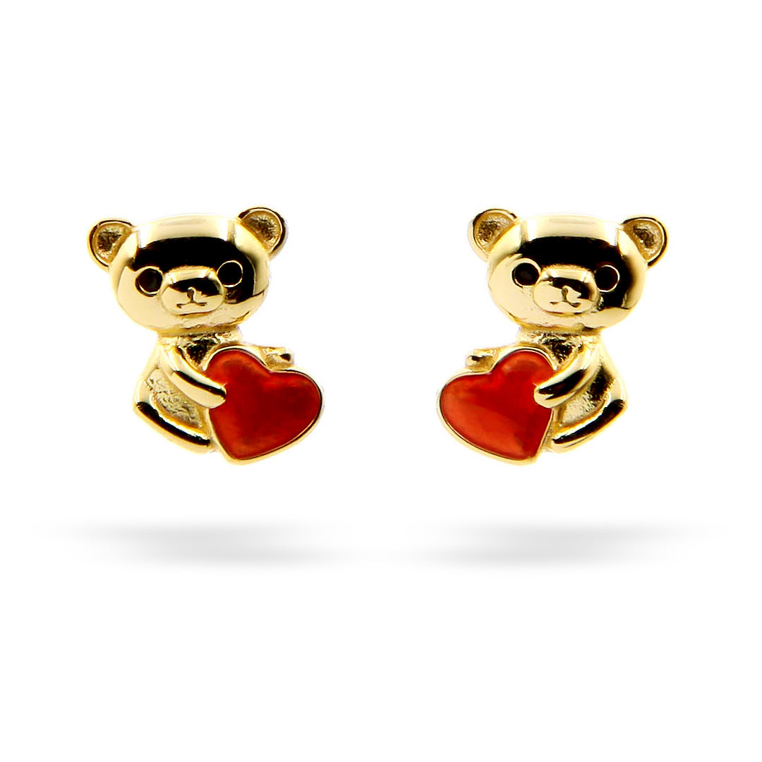 "Red Heart Panda" Earrings in Gold Vermeil