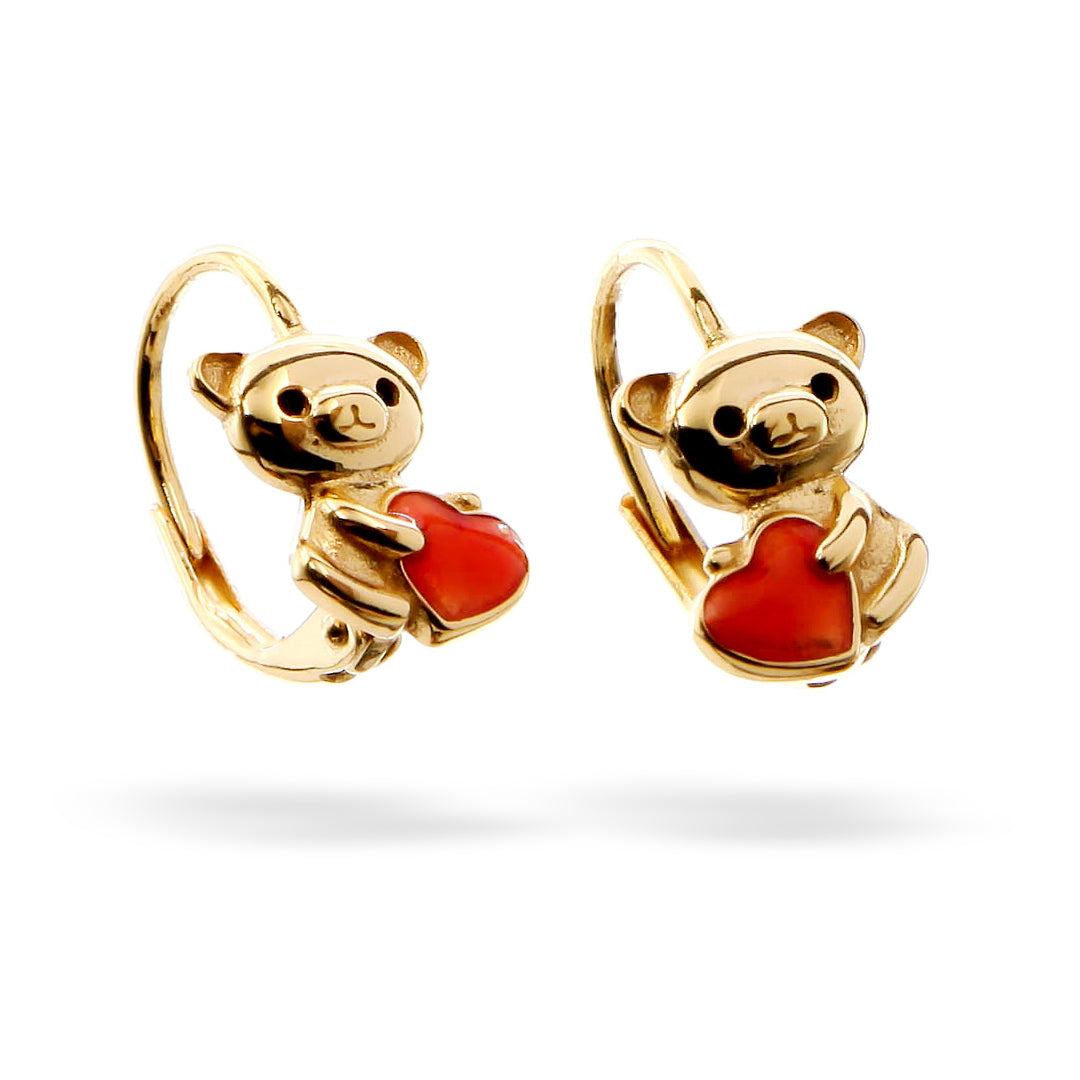 "Red Heart Panda" Earrings in Gold Vermeil with a French Clip