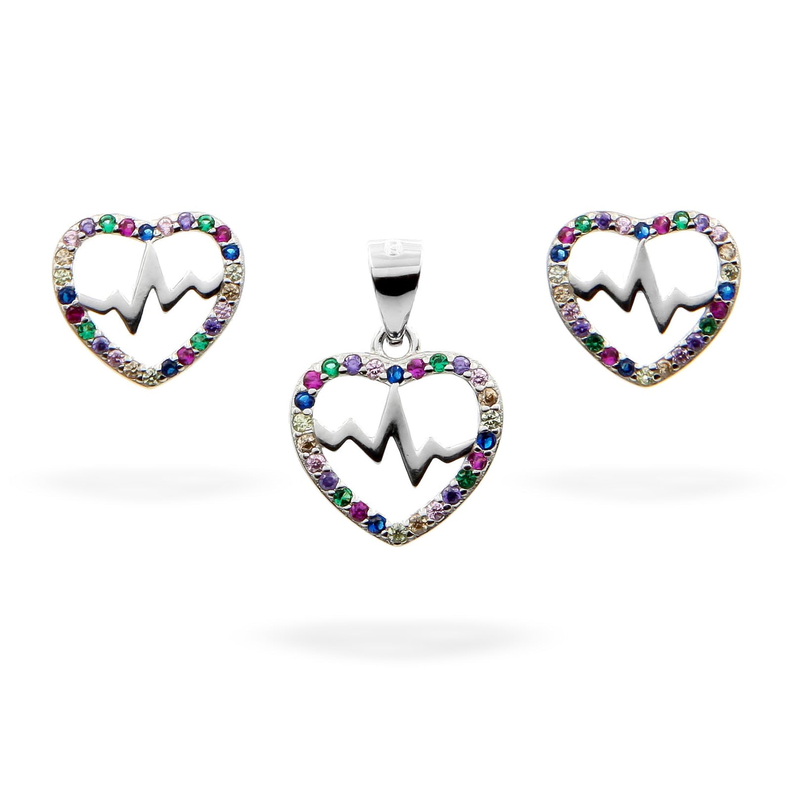 "Colors of Heartbeat" Set of Earrings and Pendant in Sterling Silver